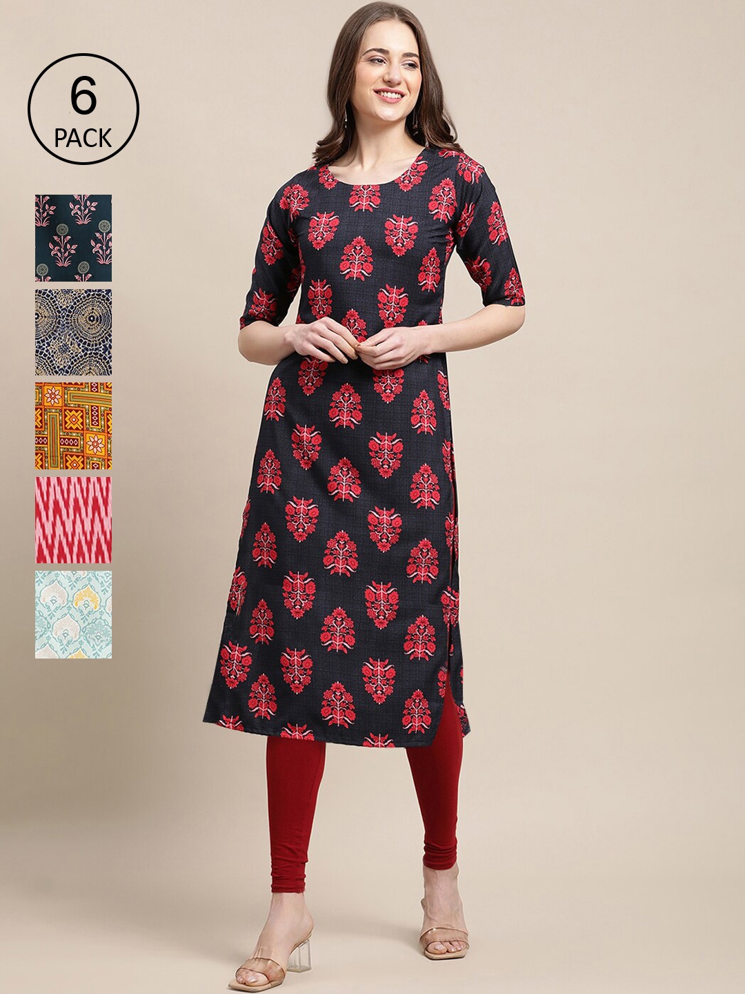 7Threads Women Red & Green Ethnic Motifs Printed Crepe Kurtas