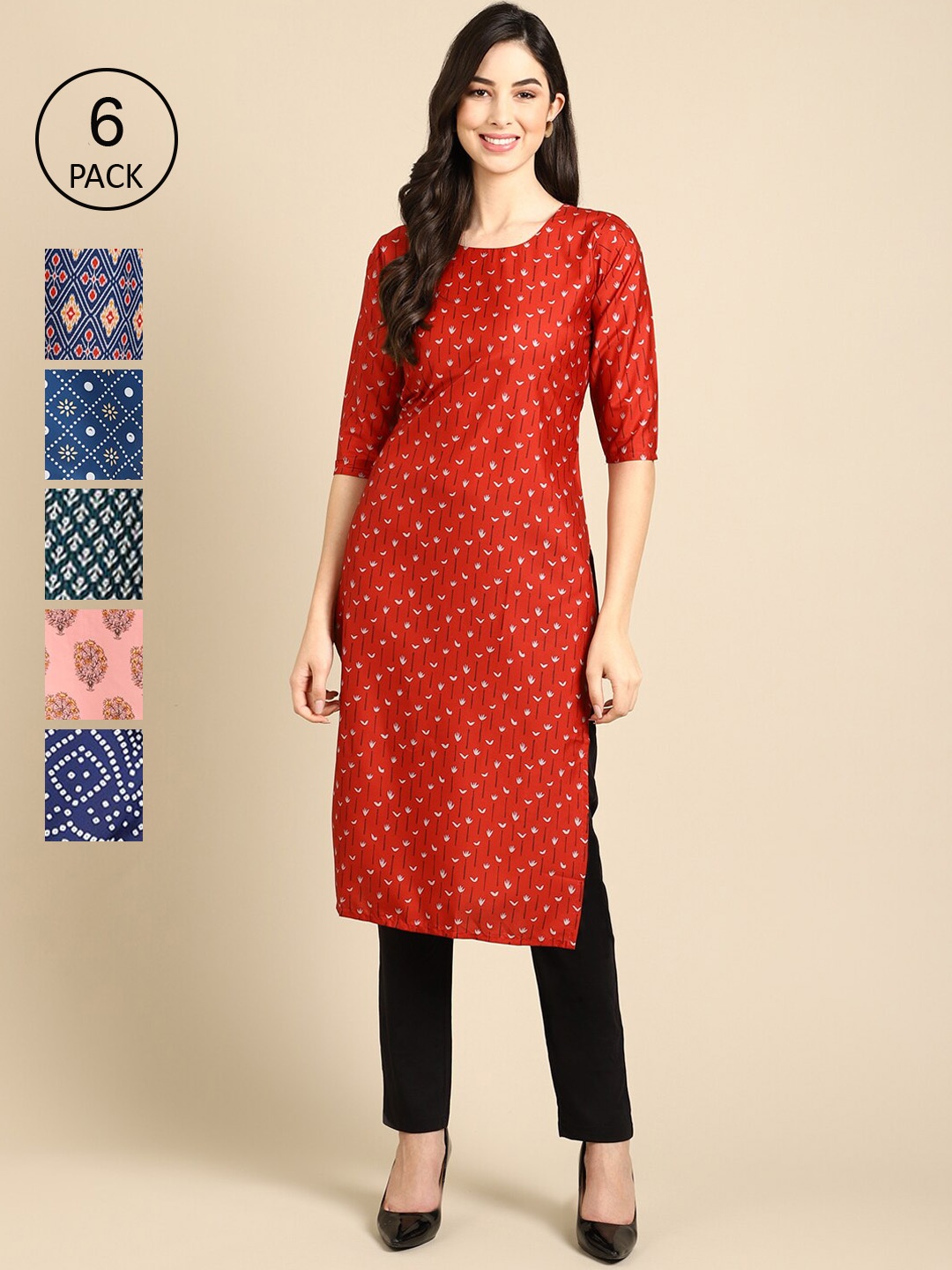 

7Threads Women Pack of 6 Printed Crepe Kurta, Red
