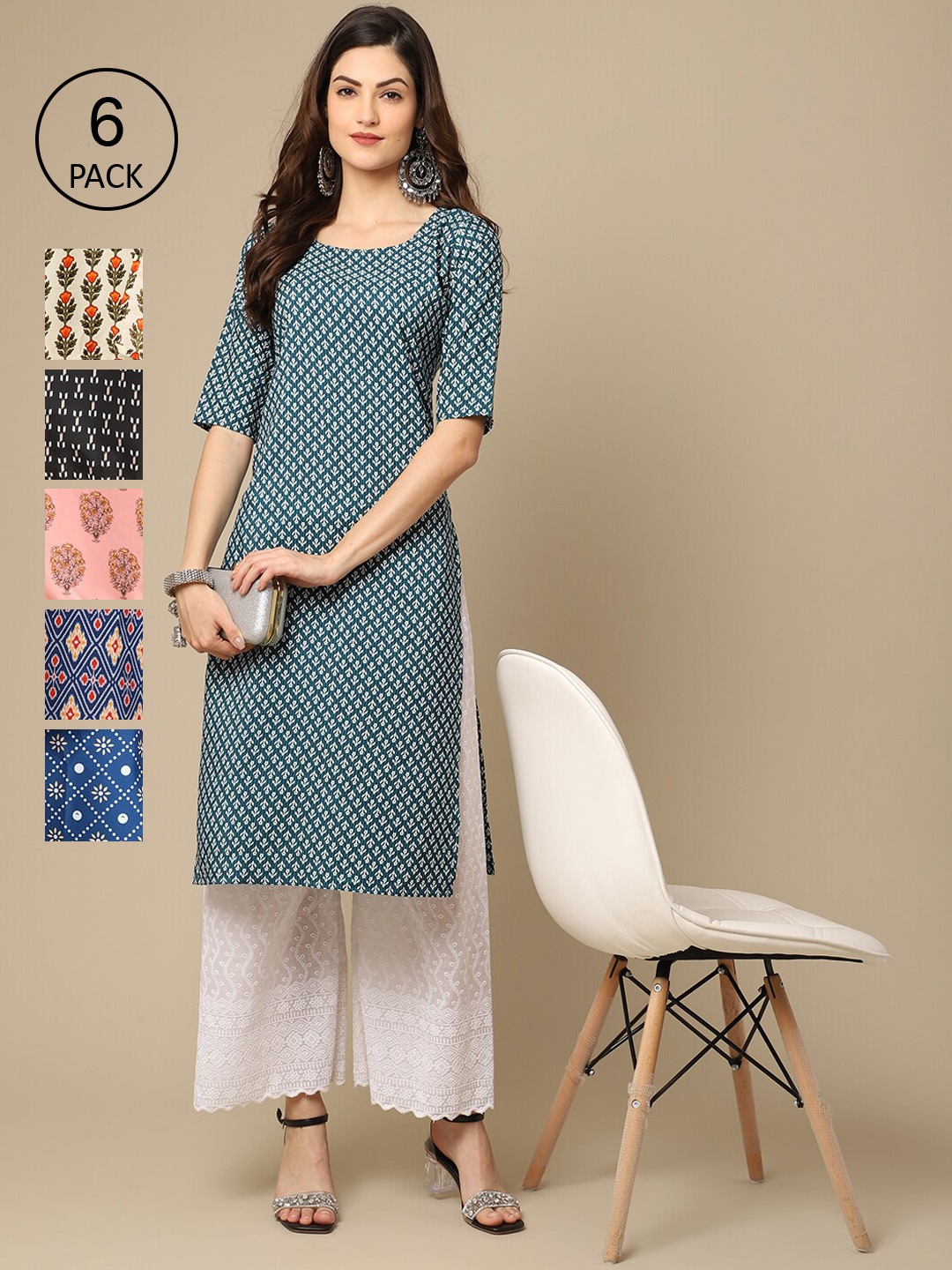 7Threads Women Pack of 6 Printed Crepe Kurta, Teal