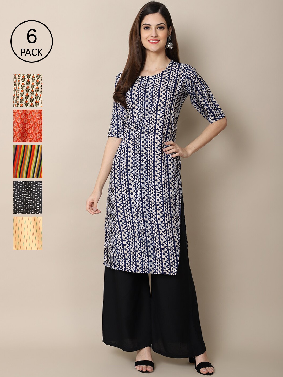 

7Threads Women Pack of 6 Printed Crepe Kurta, Black