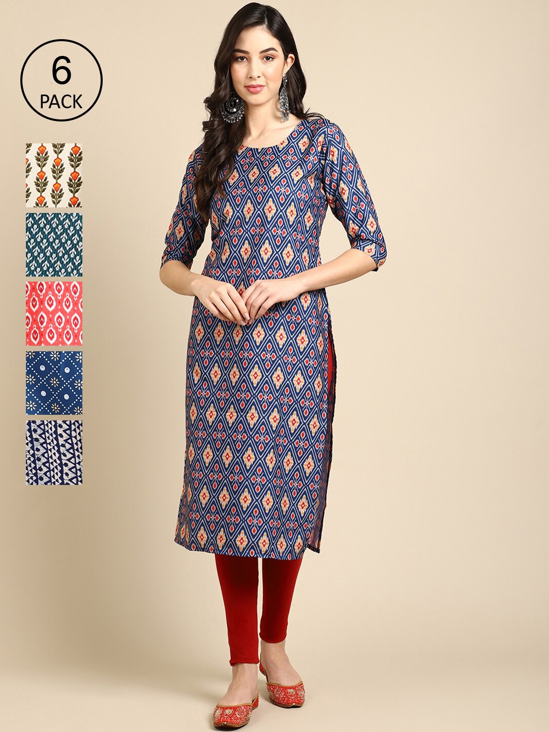 

7Threads Women Pack of 6 Printed Crepe Kurta, Blue