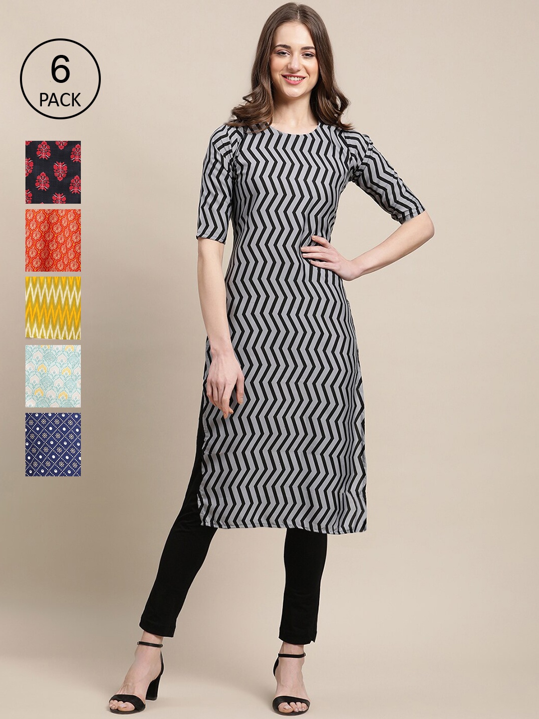 

7Threads Women Pack of 6 Printed Crepe Kurtas, Multi