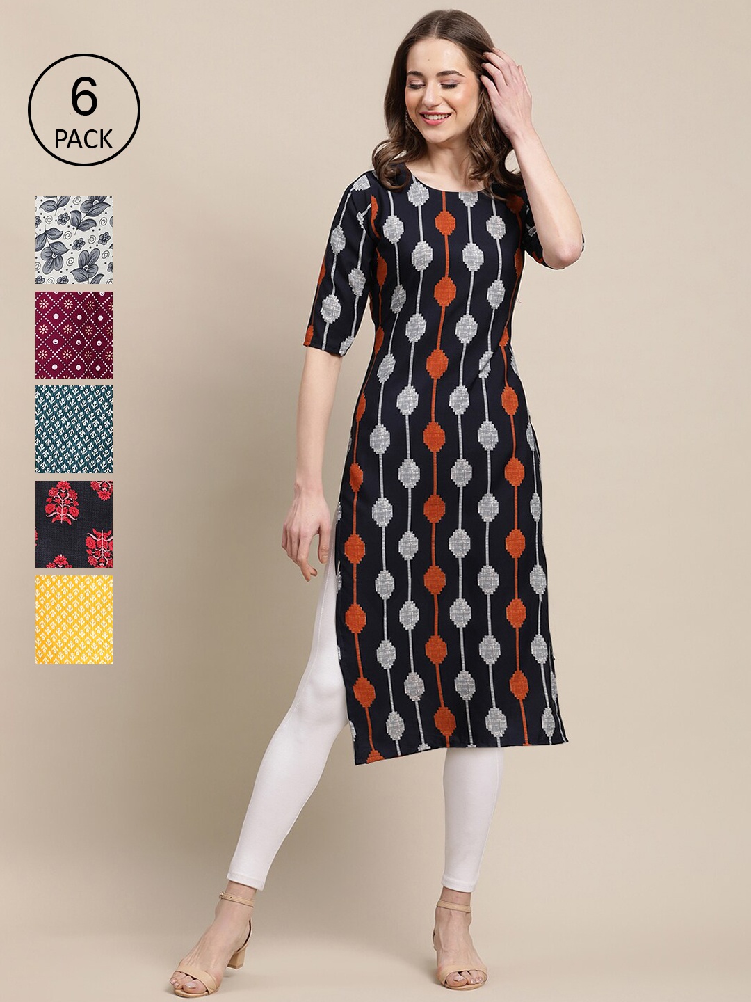 7Threads Women Pack of 6 Women Printed Straight Crepe Kurta, Multi