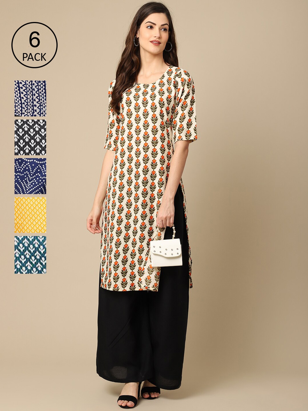 

7Threads Women Pack of 6 Women Printed Straight Crepe Kurta, Multi