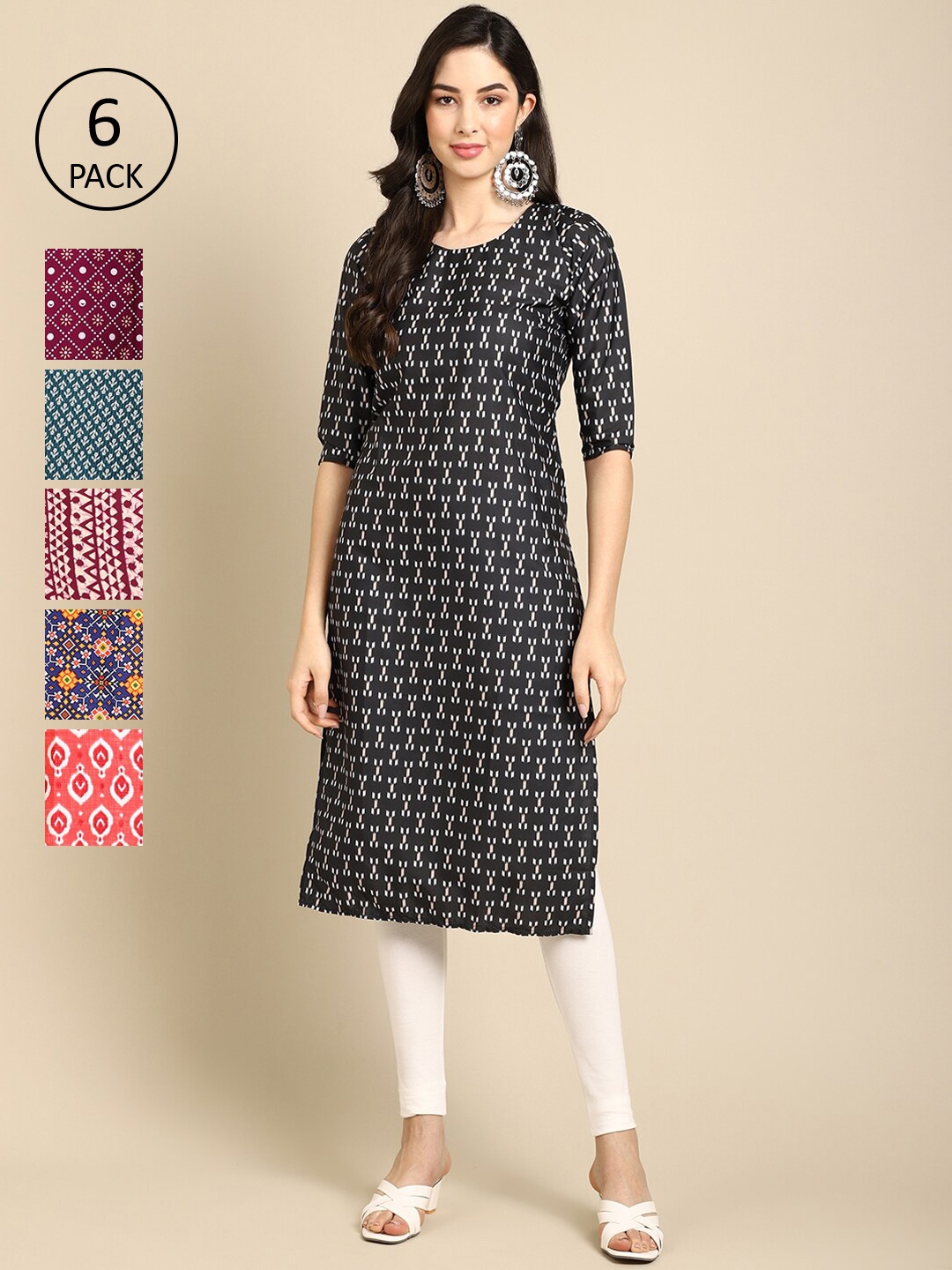 

7Threads Women Pack of 6 Black & Red Printed Crepe Kurta