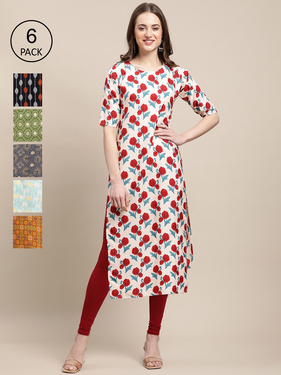 

7Threads Women Pack of 6 White & Black Printed Crepe Kurta