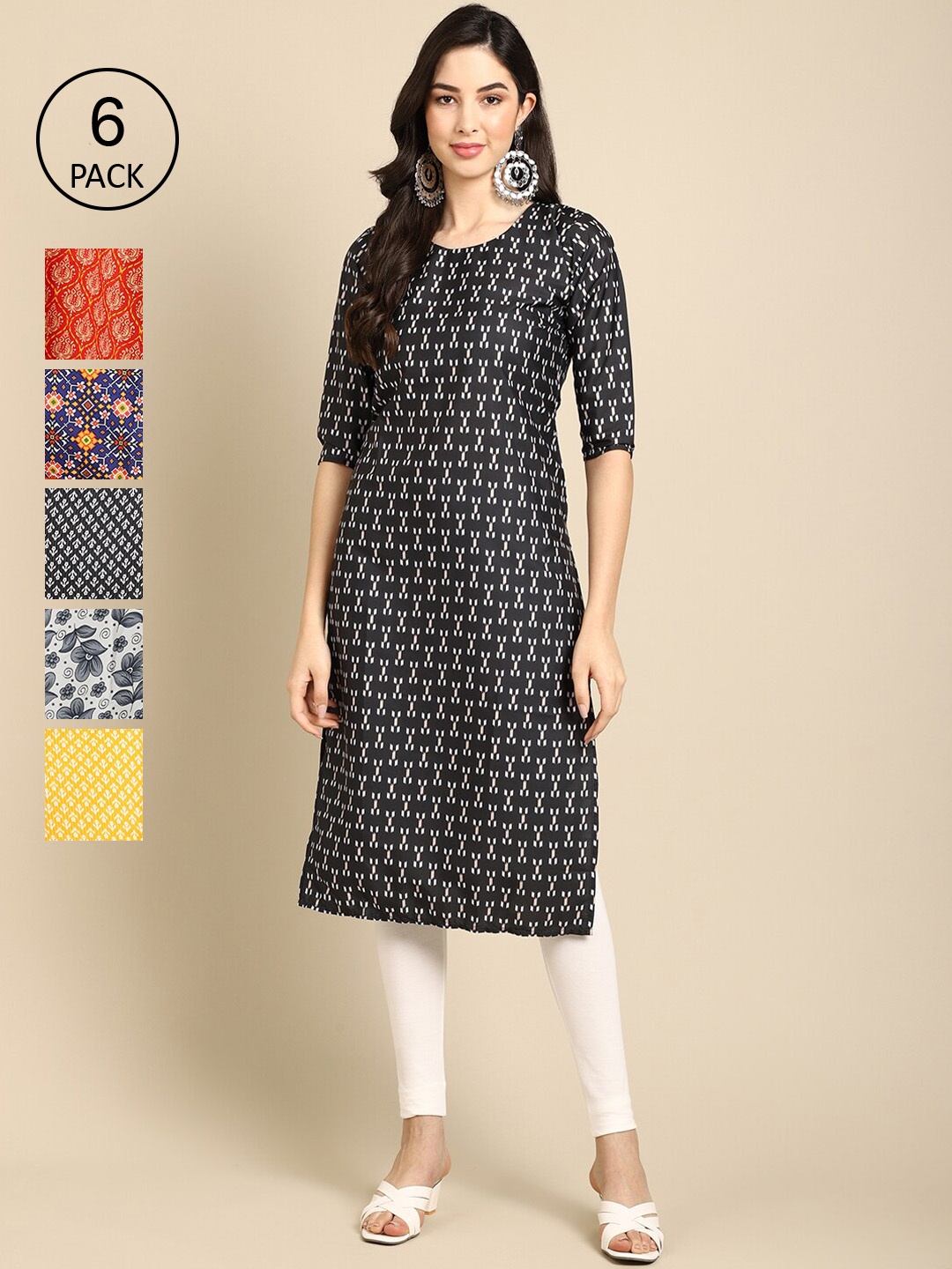 

7Threads Women Pack of 6 Black & Red Printed Crepe Kurta