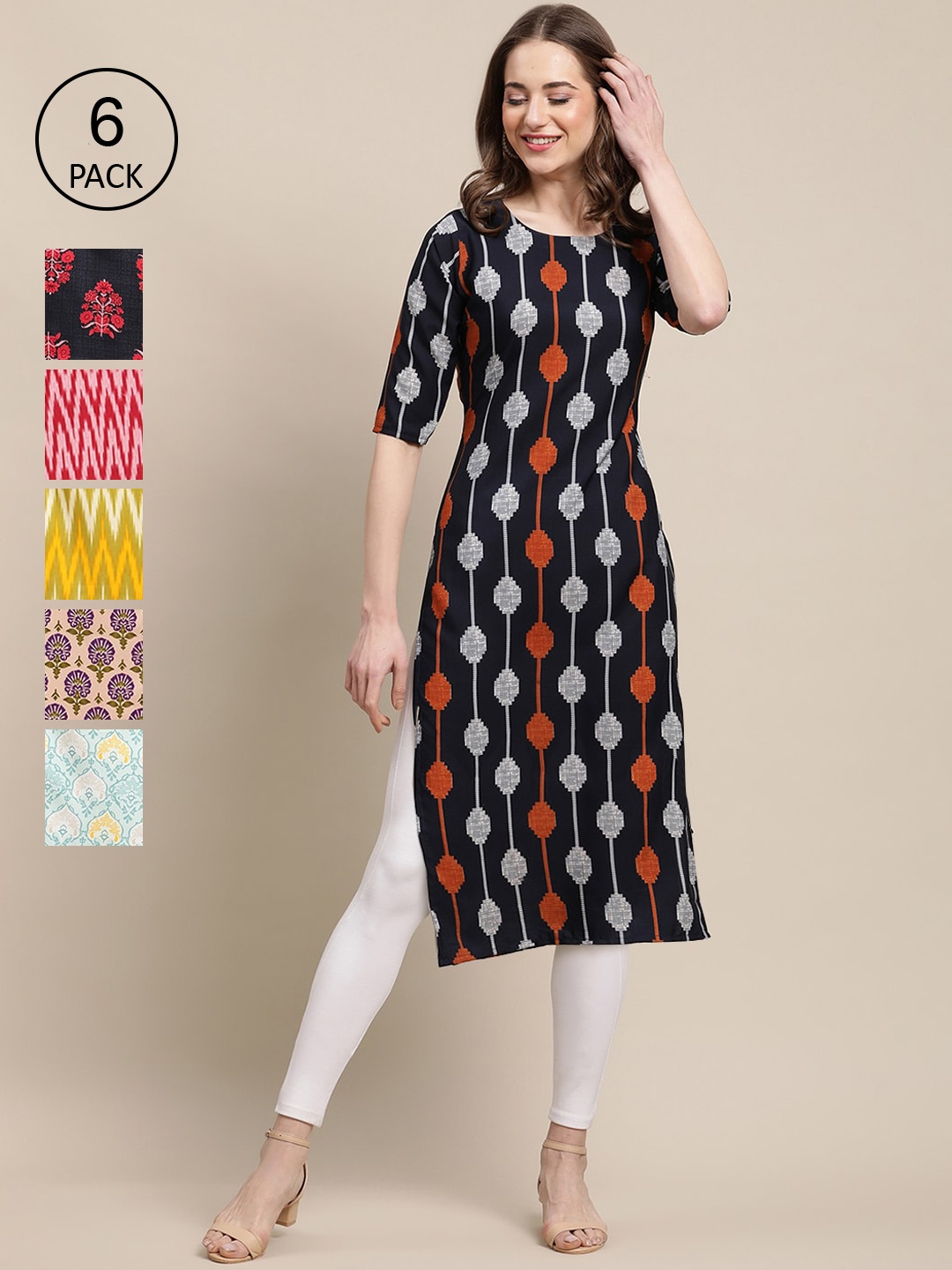 

7Threads Women Pack of 6 Black & Red Printed Crepe Kurta