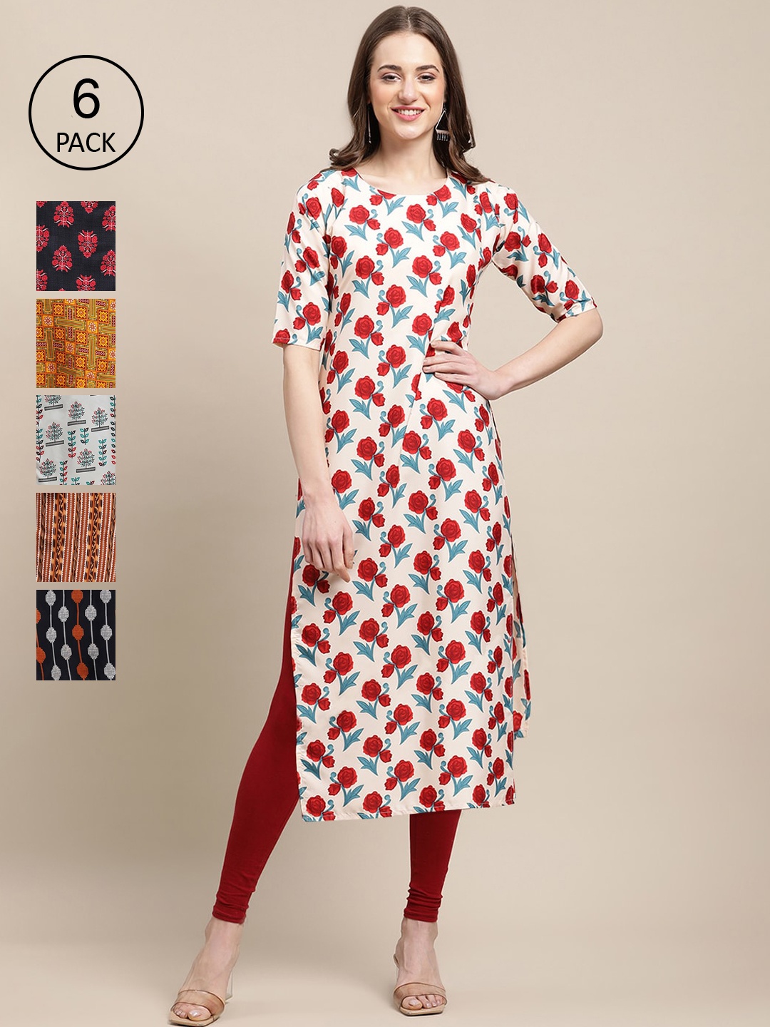 

7Threads Women Pack Of 6 Printed Crepe Kurta, Multi