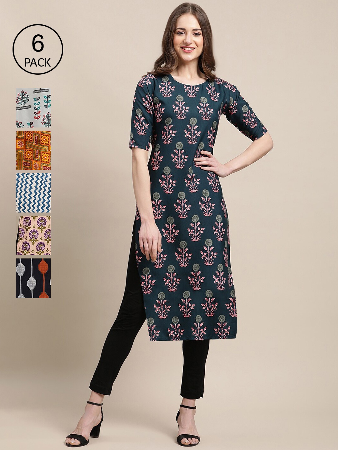 

7Threads Women Pack Of 6 Printed Crepe Kurta, Multi