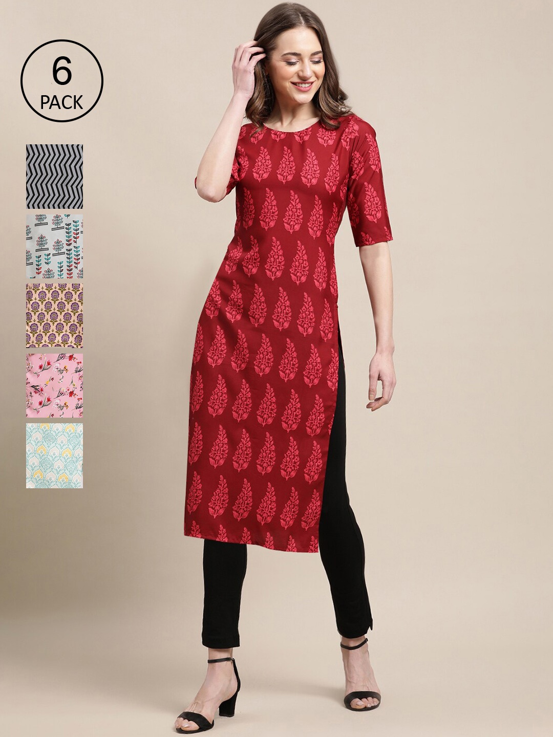 

7Threads Women Pack Of 6 Printed Crepe Kurta, Multi