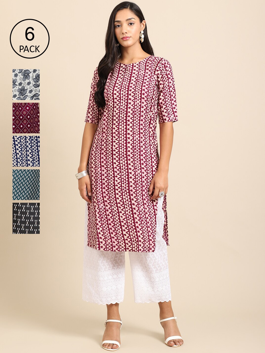 

7Threads Women Pack Of 6 Printed Crepe Kurta, Multi
