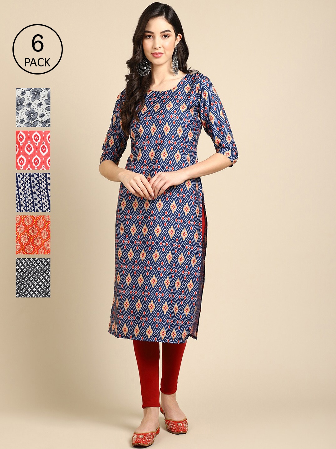 

7Threads Women Pack Of 6 Printed Crepe Kurta, Multi
