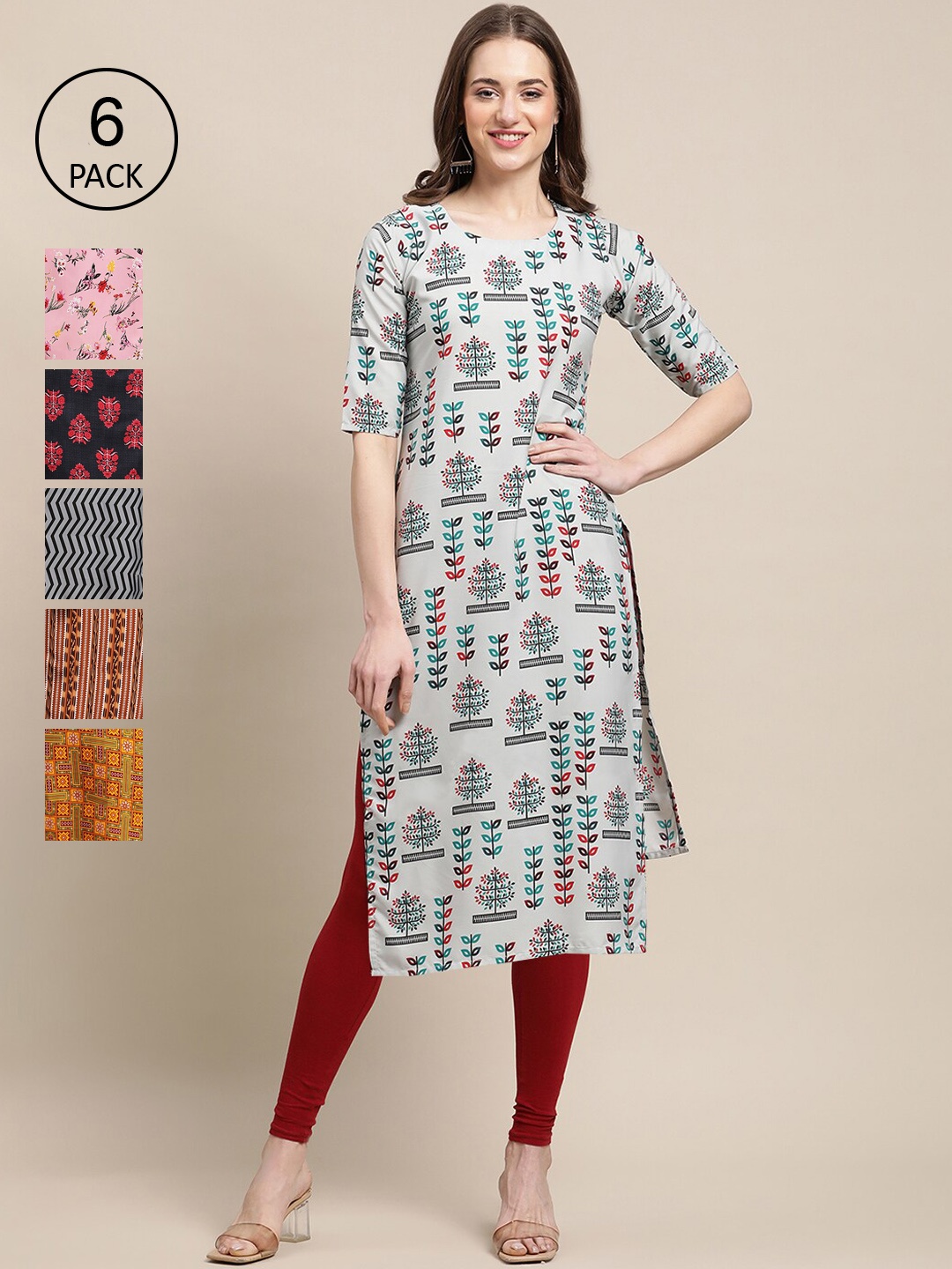 

7Threads Women Pack Of 6 Printed Crepe Kurta, Multi