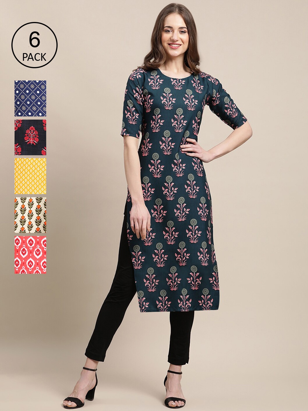 

7Threads Women Pack Of 6 Ethnic Motifs Printed Summer Sheers Crepe Kurta, Yellow