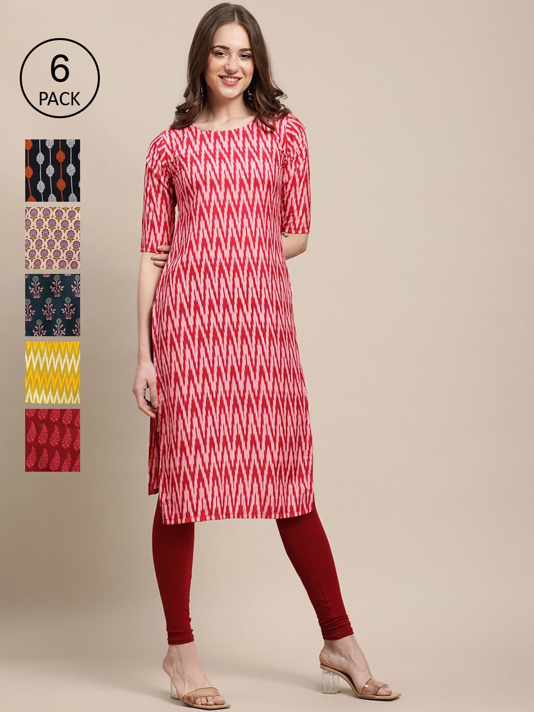 

7Threads Women Pack Of 6 Geometric Printed Summer Sheers Crepe Kurta, Red