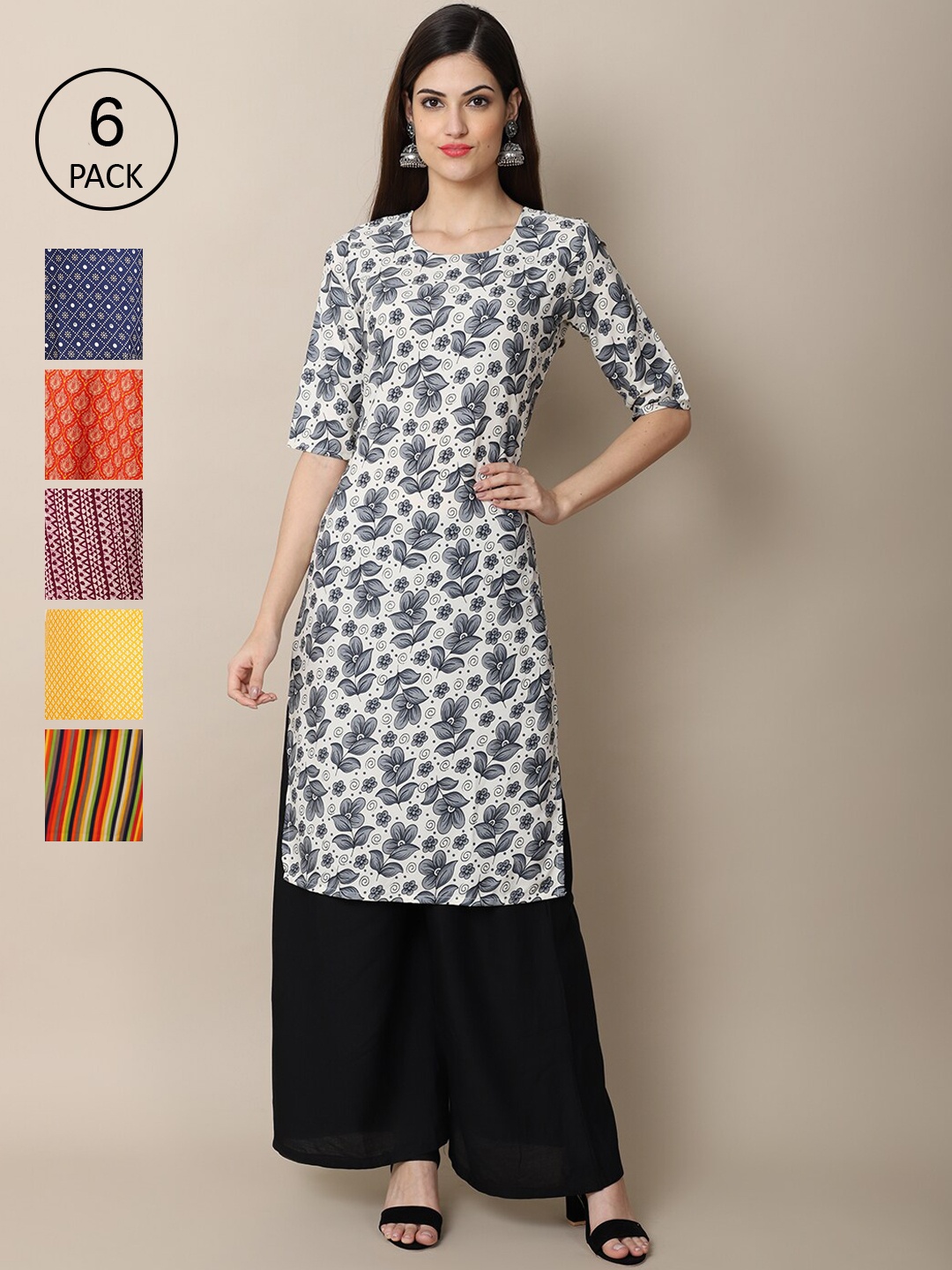 

7Threads Women Pack Of 6 Geometric Printed Summer Sheers Crepe Kurta, White