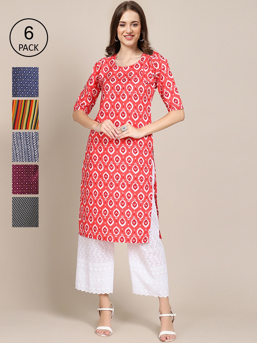 

7Threads Women Pack Of 6 Striped Summer Sheers Crepe Kurta, Red