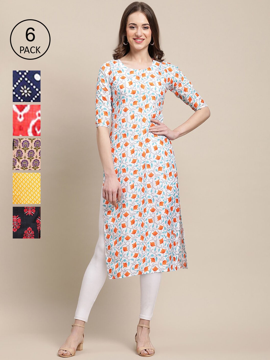 

7Threads Women Pack Of 6 Geometric Printed Summer Sheers Crepe Kurta, White