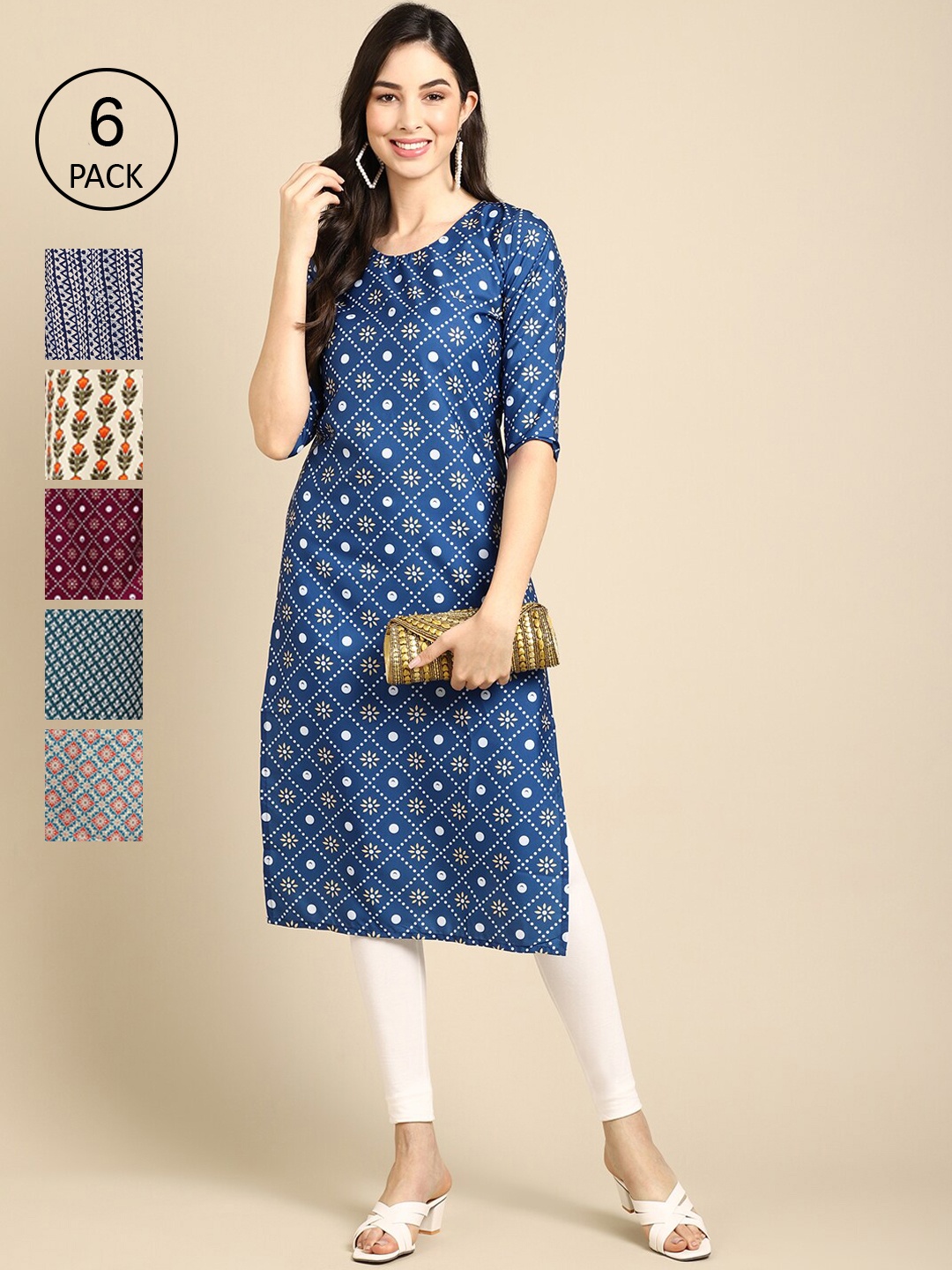 

7Threads Women Pack Of 6 Blue & Red Floral Printed Summer Sheers Crepe Kurta