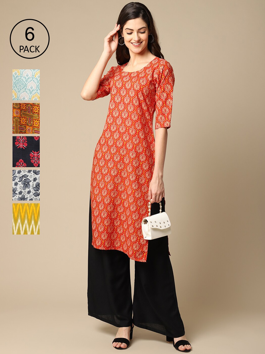 

7Threads Women Pack Of 6 Multicoloured Ethnic motifs Printed Crepe Kurta, Multi