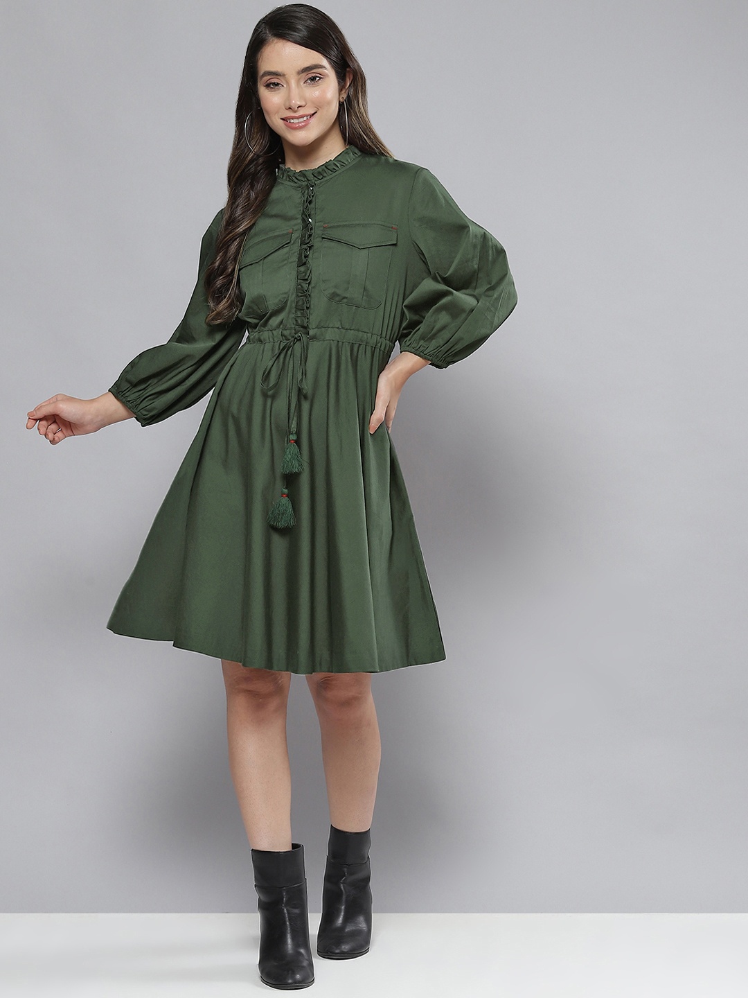 

Femella Olive Green A-Line Cotton Mini Dress