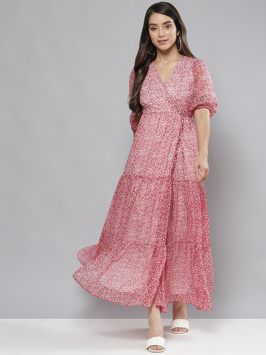 

Femella White & Red Floral Chiffon Wrap Maxi Dress