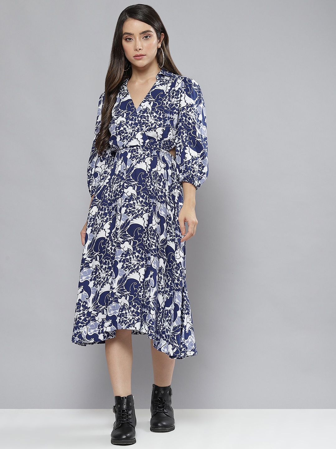 

Femella Navy Blue & White Floral Shirt Midi Dress