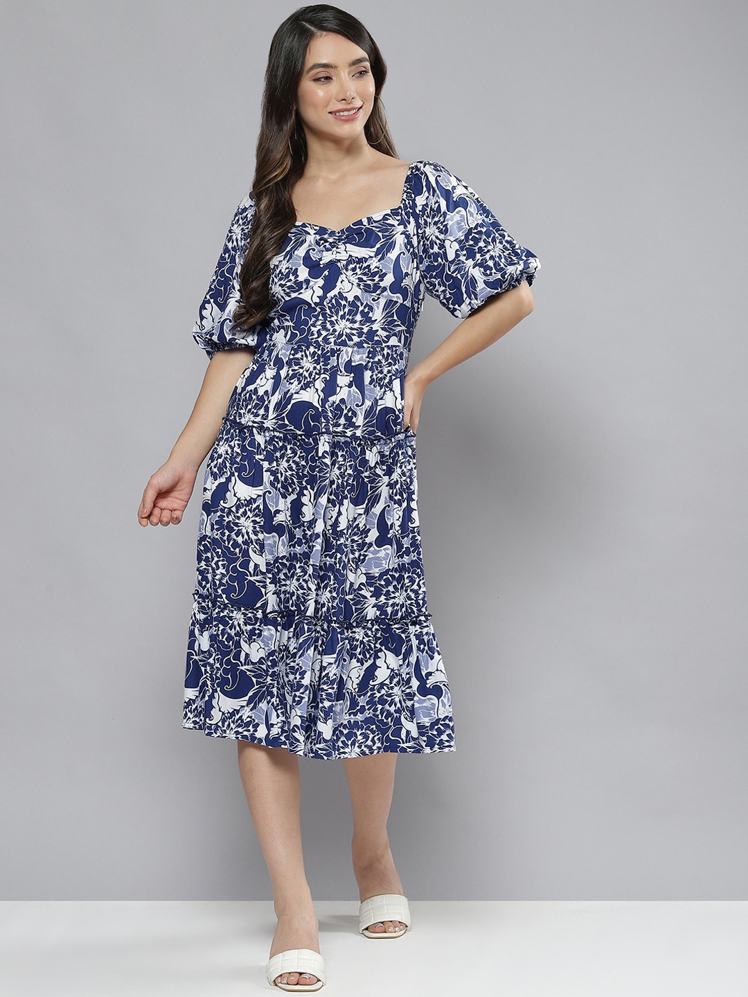

Femella Navy Blue & White Floral Midi Dress