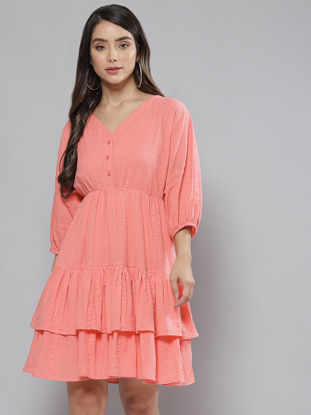 

Femella Coral Cotton Layered A-Line Tiered Mini Dress