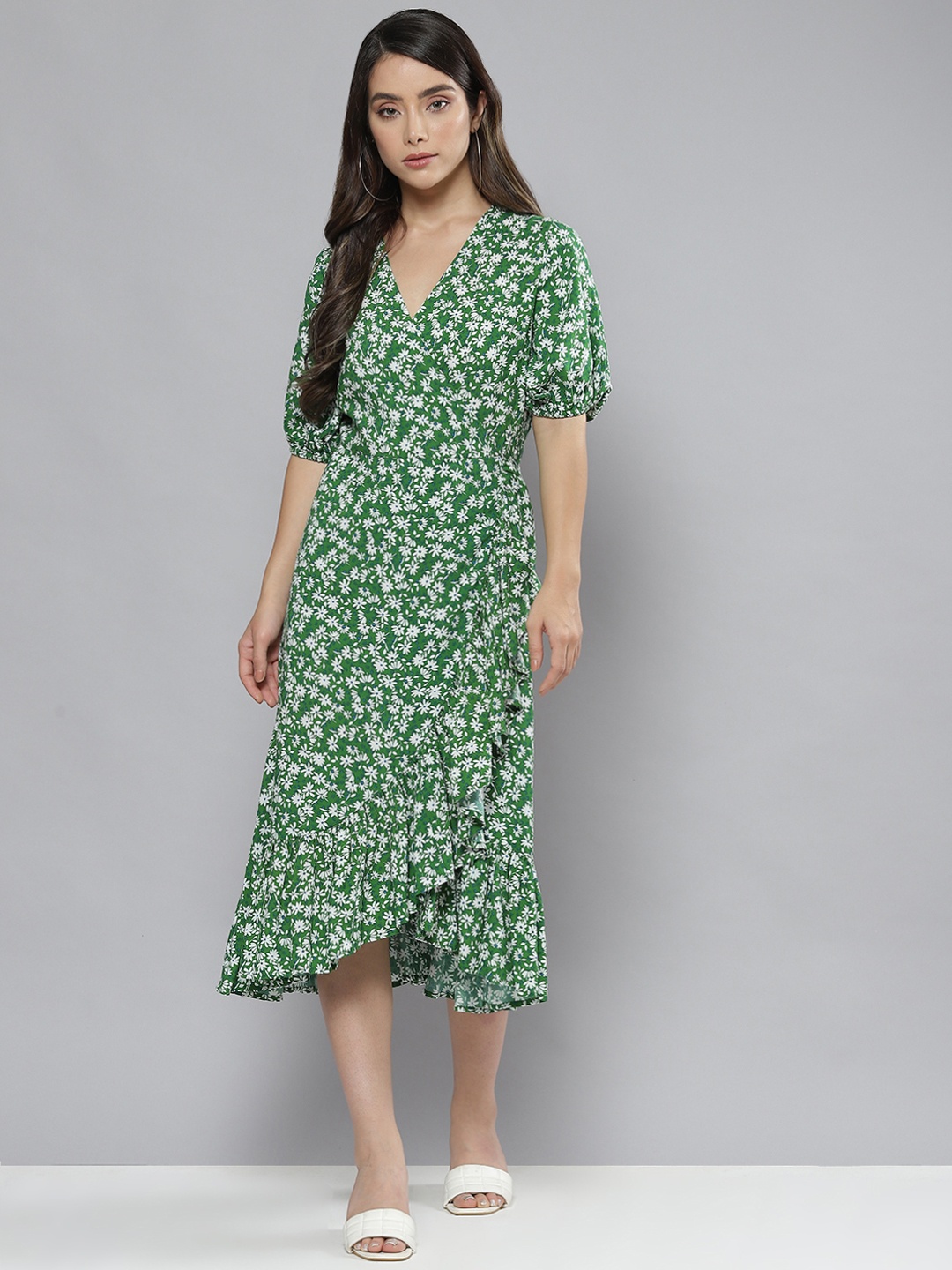 

Femella Green & White Floral Midi Wrap Dress