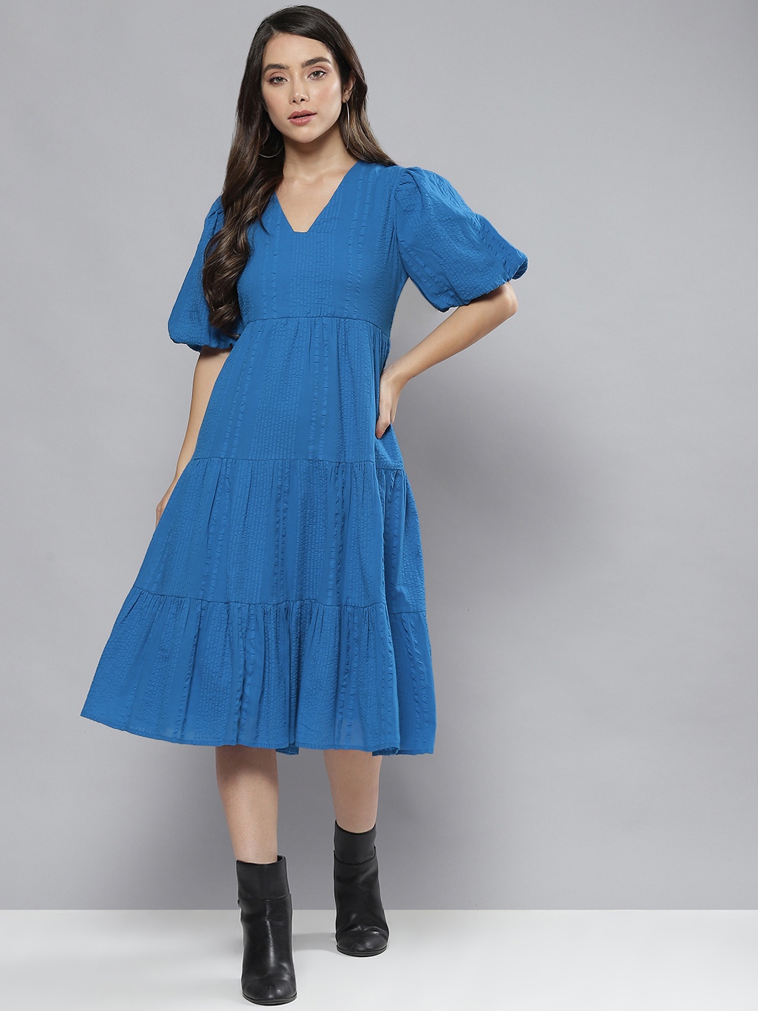 

Femella Blue Cotton Tiered Midi Dress