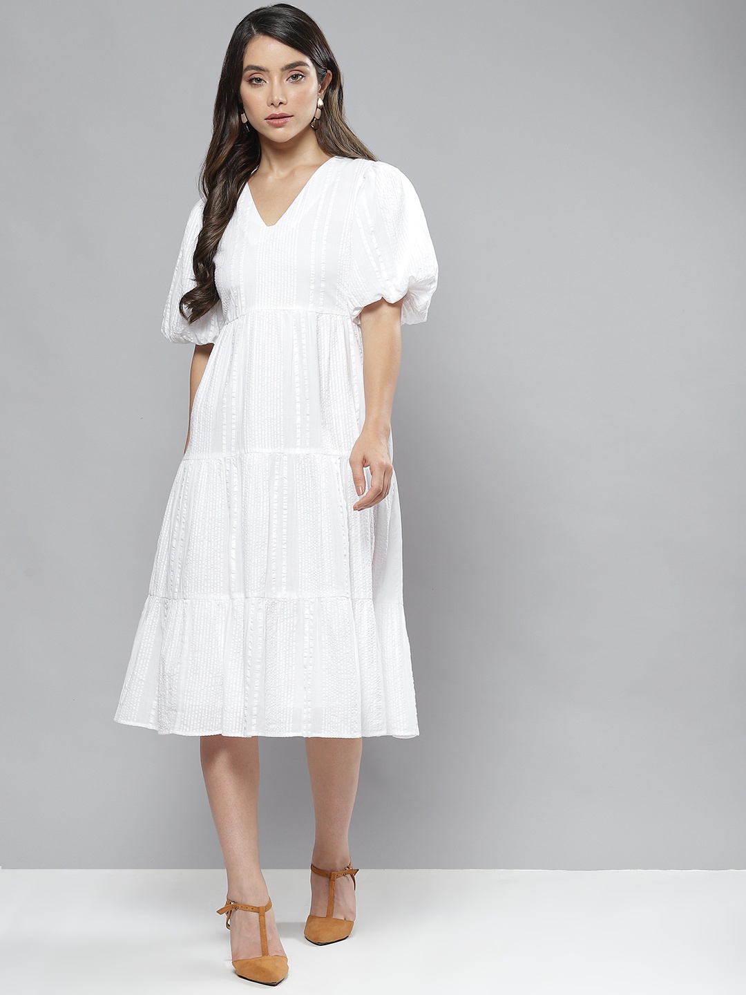 

Femella White Cotton Tiered Midi Dress