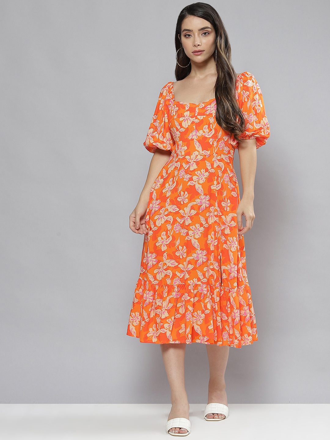 

Femella Orange & Beige Floral Front Slit Midi Dress
