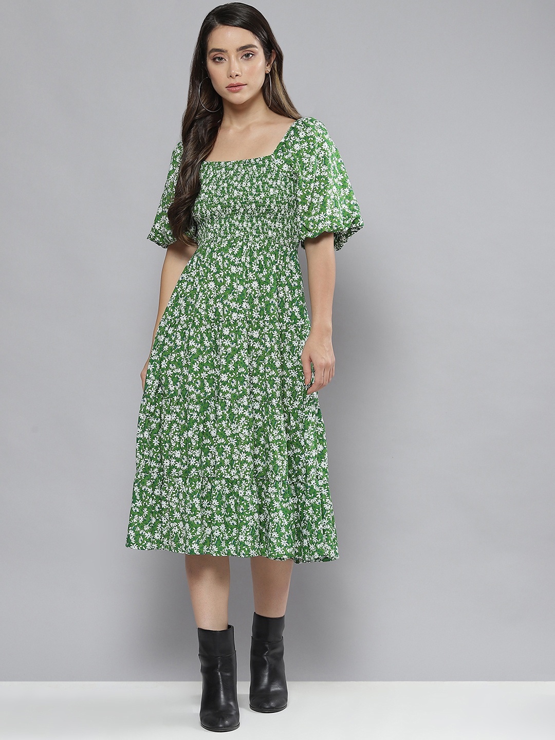 

Femella Green & White Floral Tiered Midi Dress