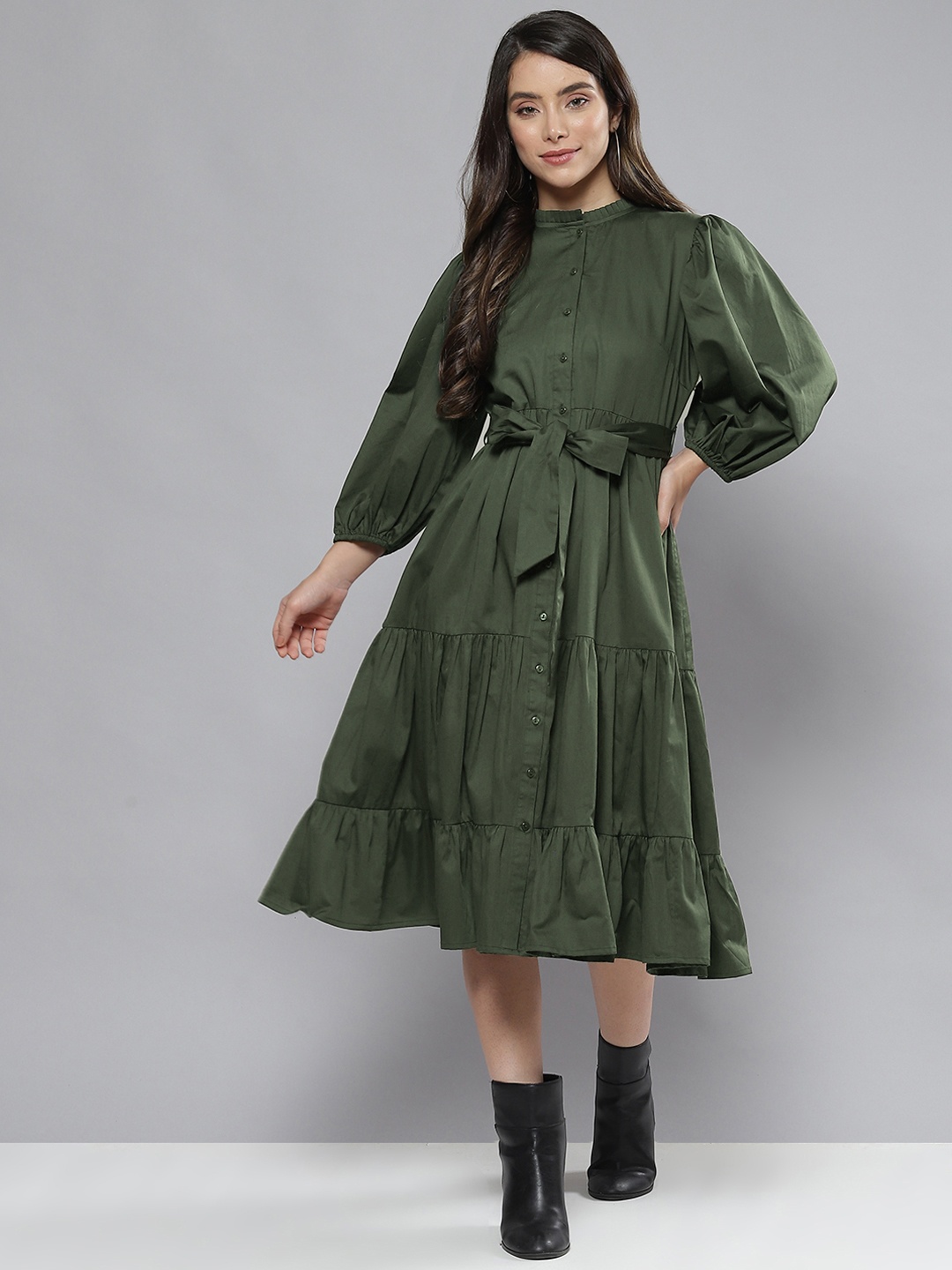 

Femella Olive Green Cotton Midi Dress