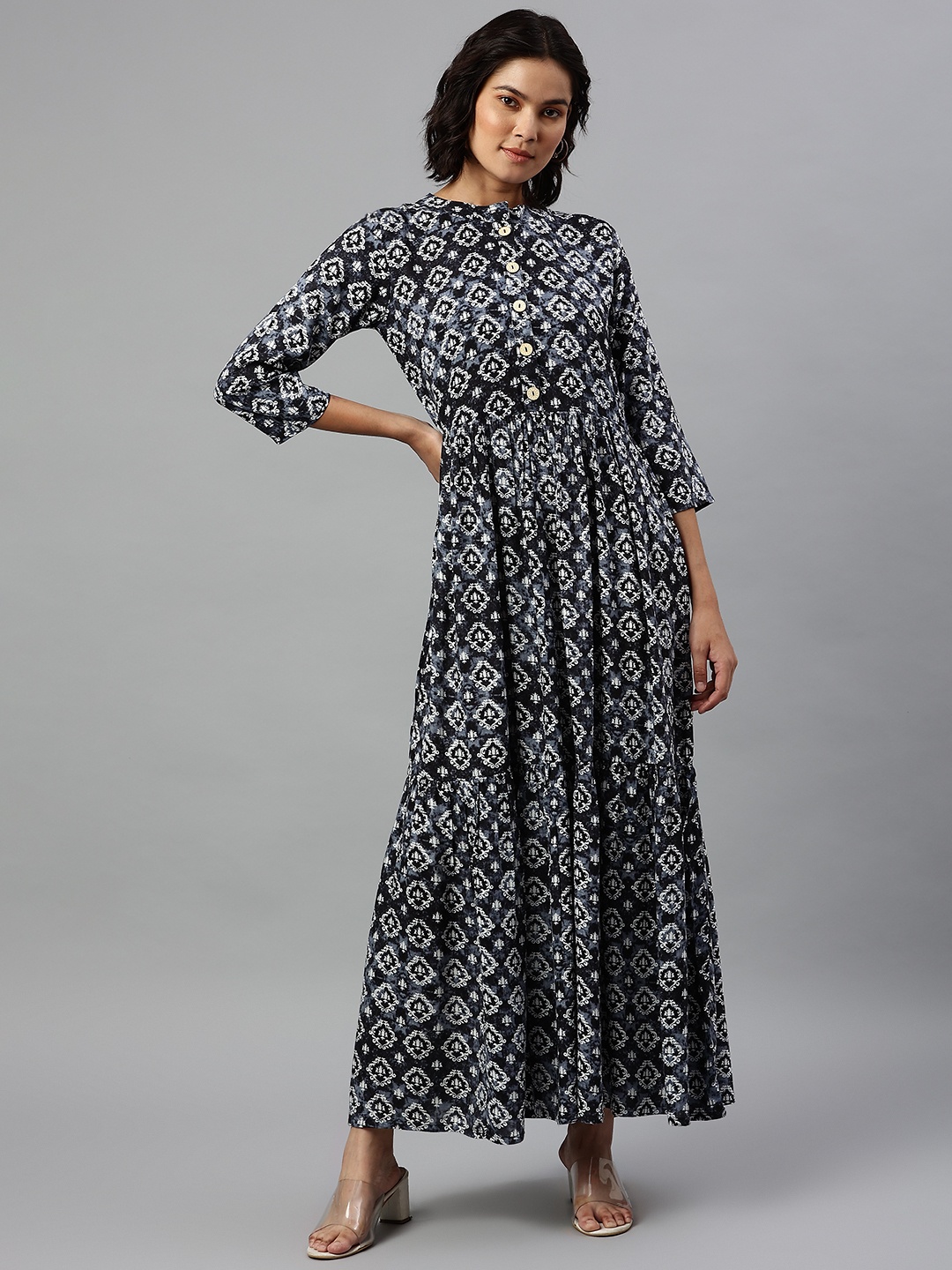 

Cottinfab Grey & White Ethnic Motifs Maxi Dress