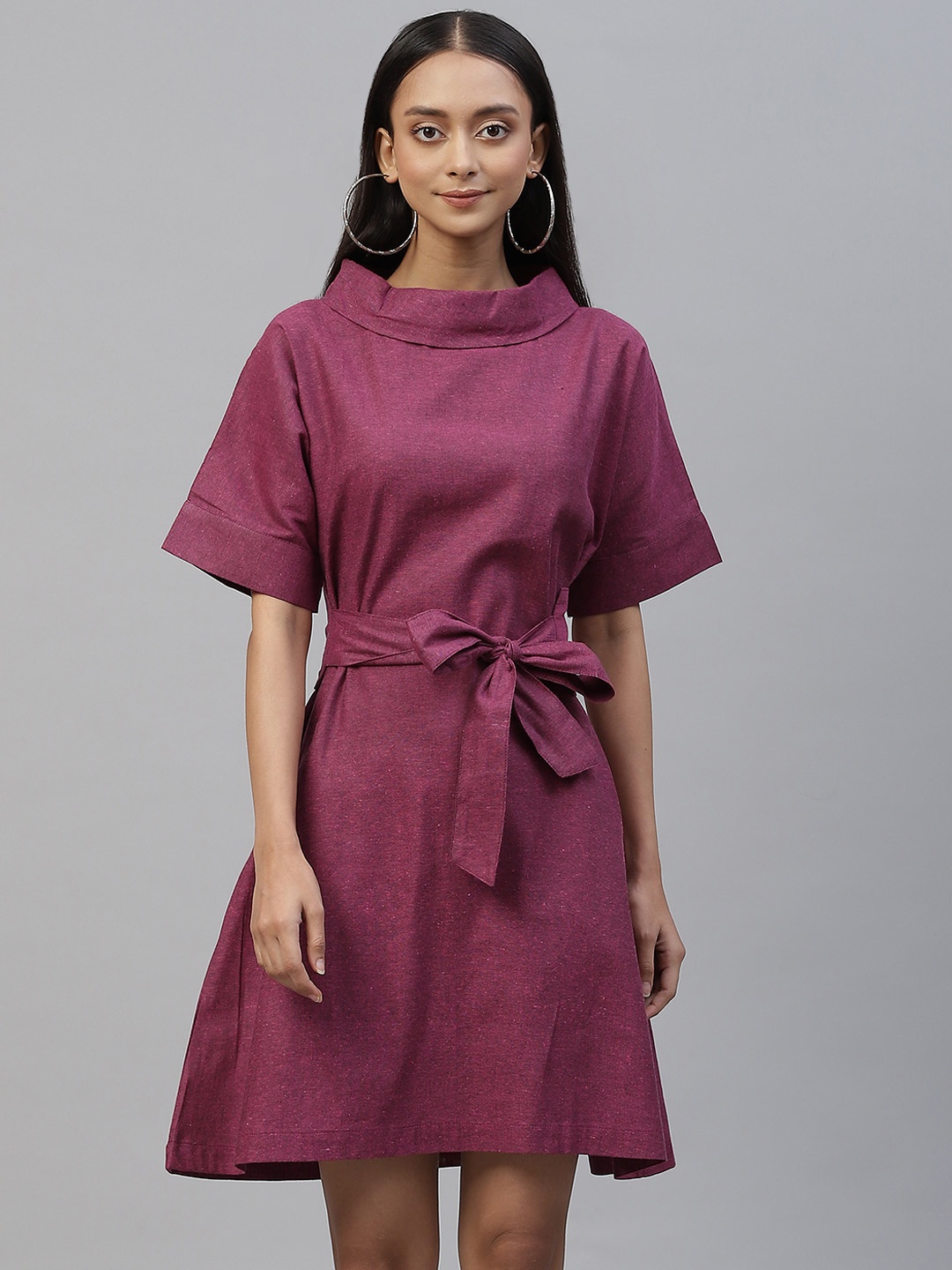 

Cottinfab Burgundy Solid A-Line Dress with Belt