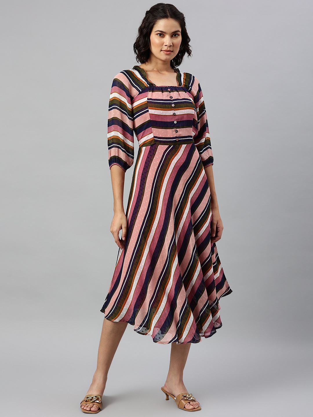 

Cottinfab Pink & Navy Blue Striped Georgette A-Line Midi Dress