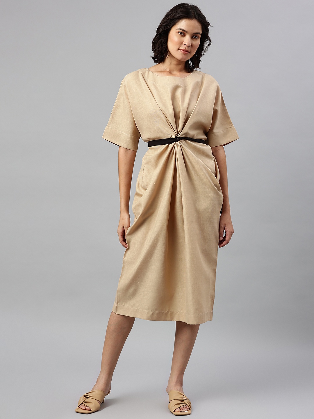 

Cottinfab Beige A-Line Midi Dress