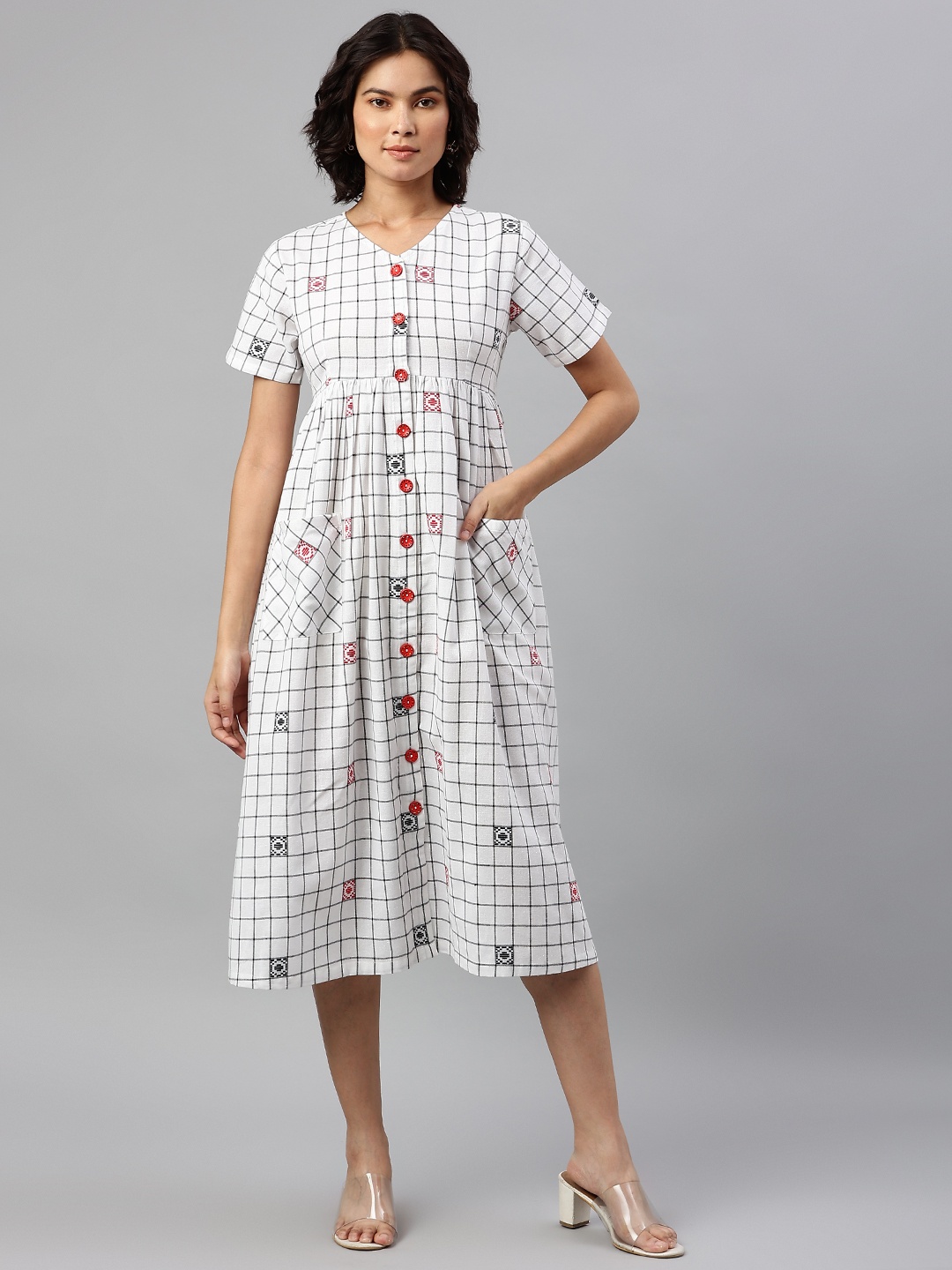 

Cottinfab White & Black Checked A-Line Midi Dress