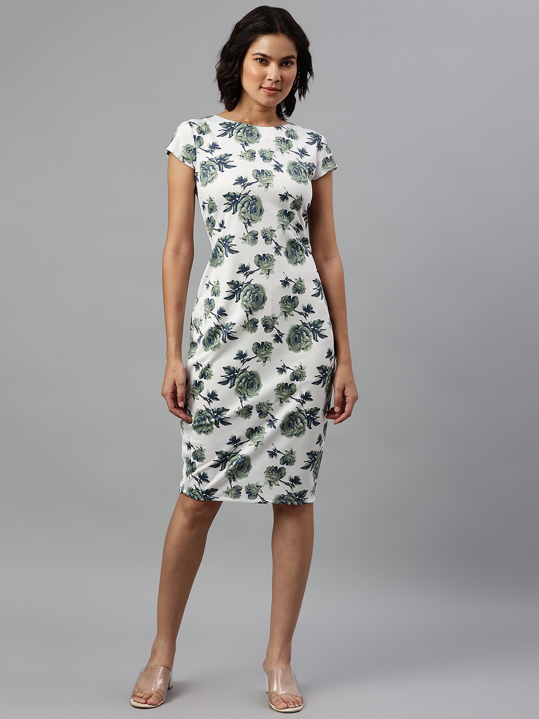 

Cottinfab White & Green Floral Sheath Dress