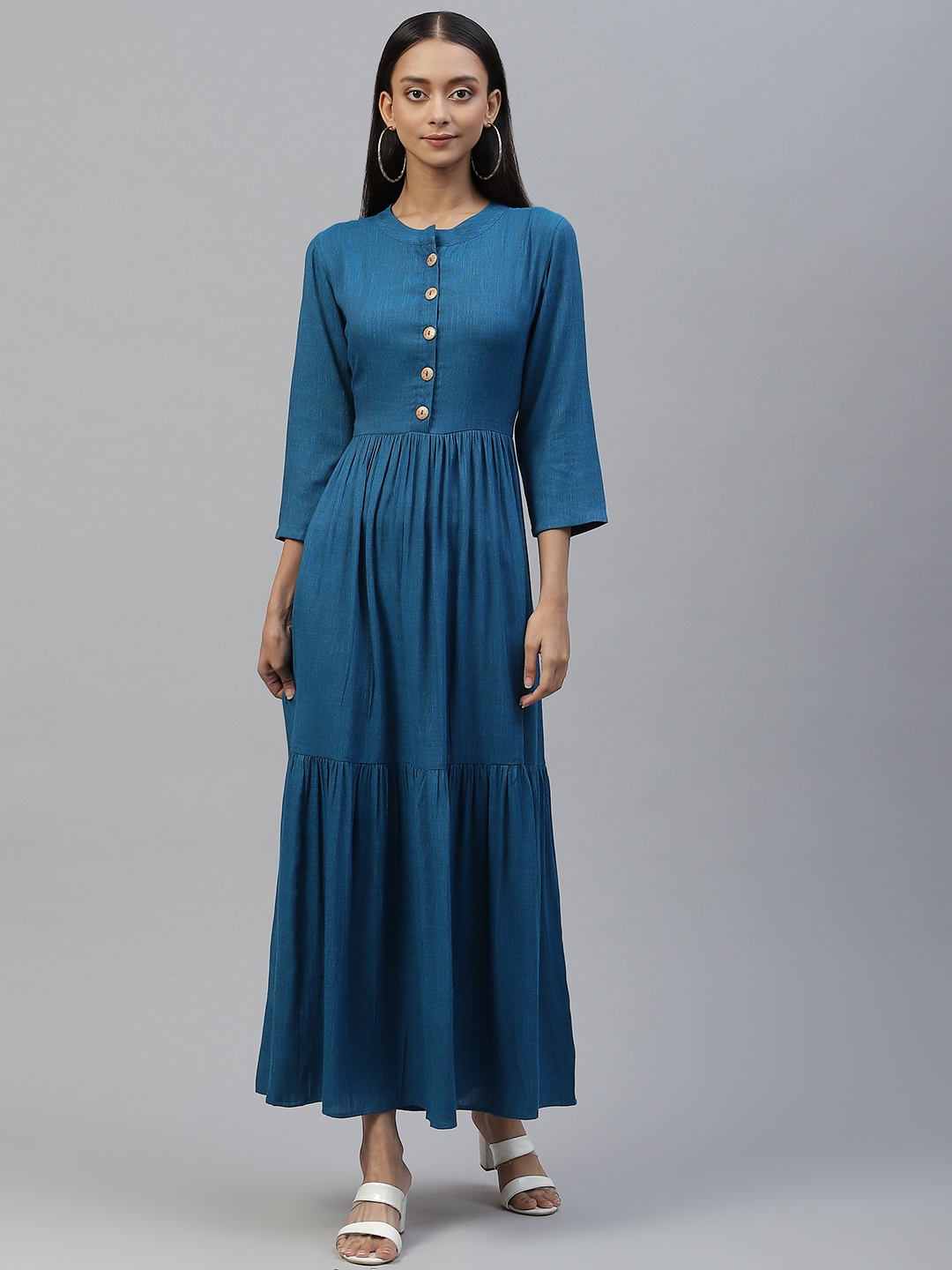

Cottinfab Blue Solid Tiered Maxi Dress