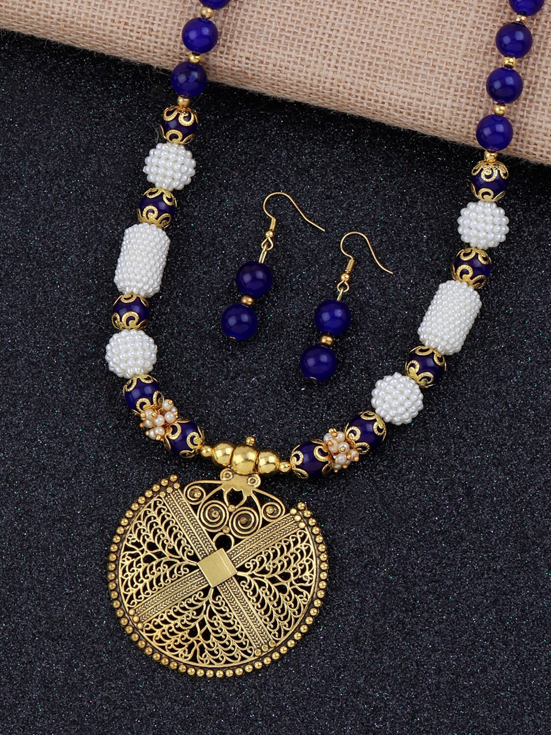 

Silver Shine Gold-Plated Blue & White Pearl Studded Jewellery Set