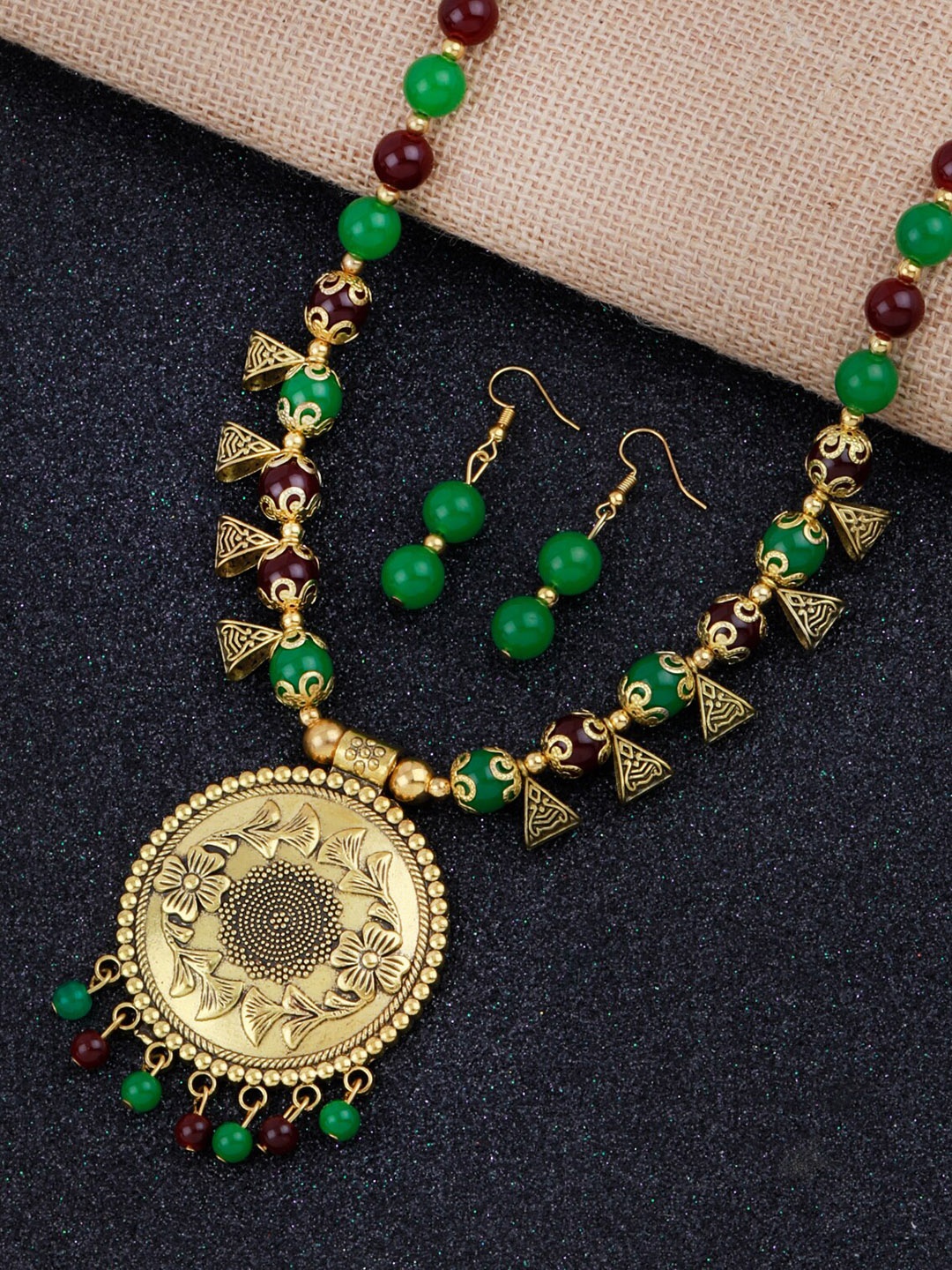 

Silver Shine Gold-Plated Green Pearls Studded Jewellery Set