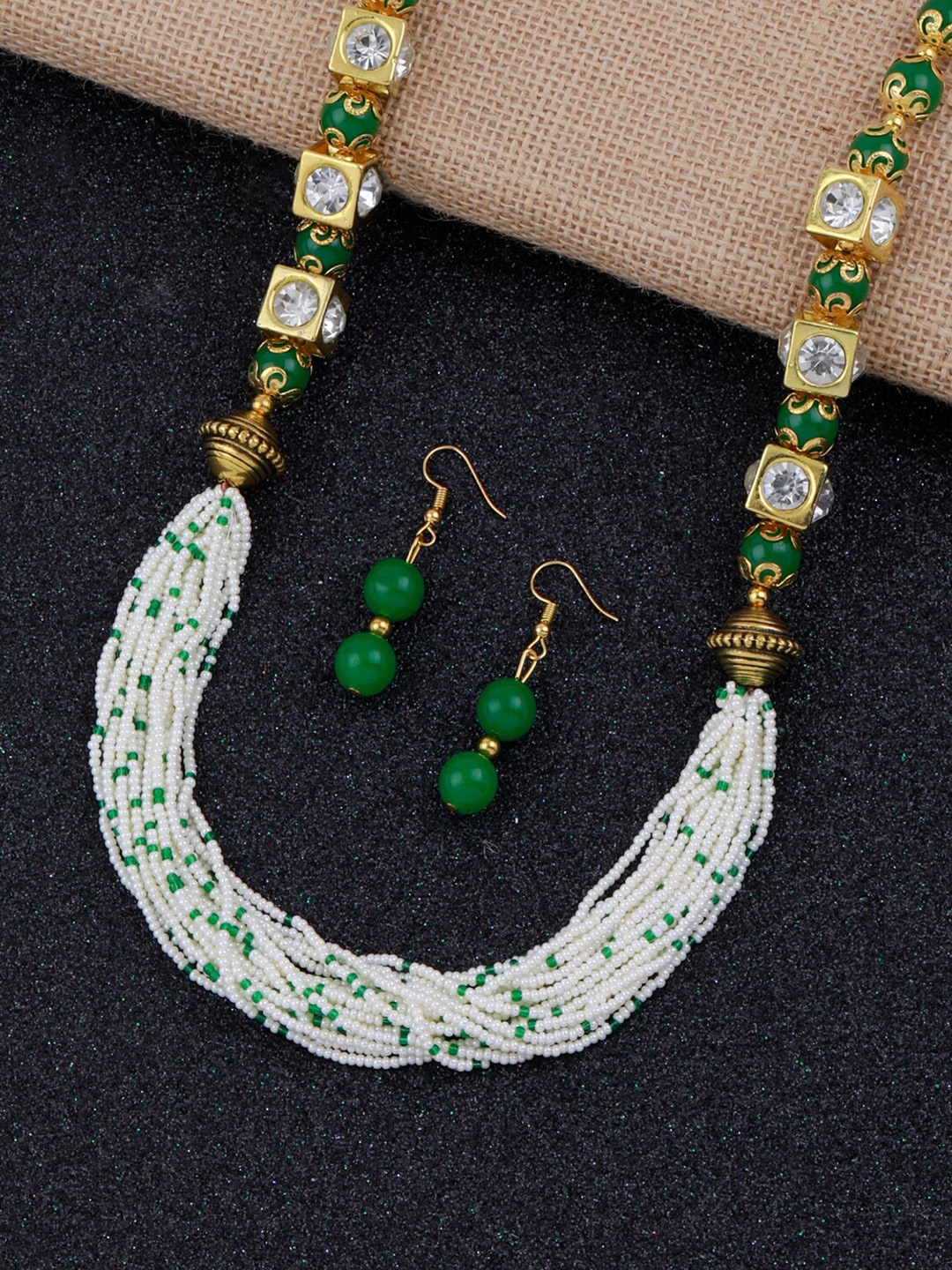 

Silver Shine Gold-Toned White & Green Stone Studded & Beaded Jewellery Set