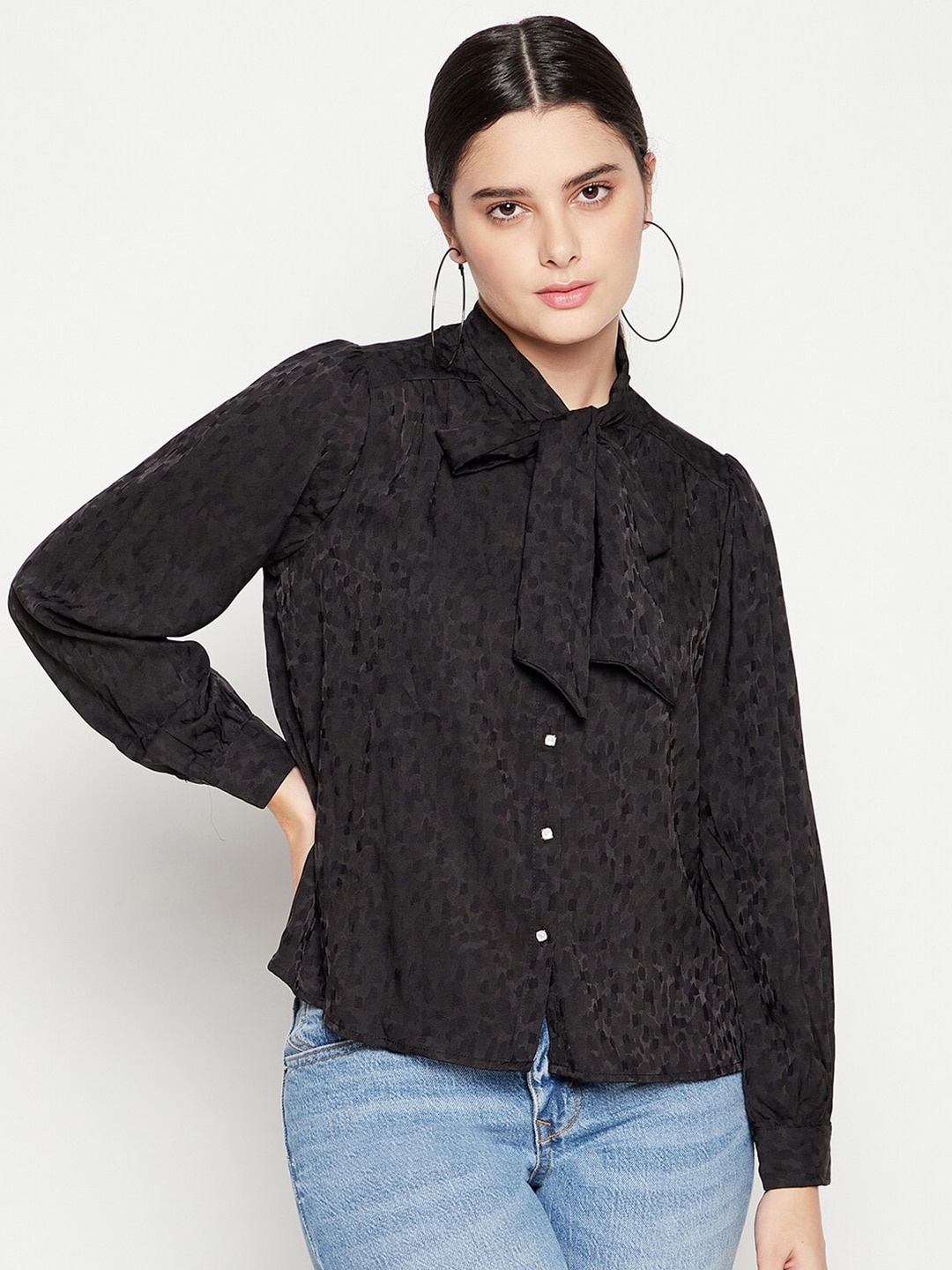 

Madame Black Geometric Print Tie-Up Neck Shirt Style Top