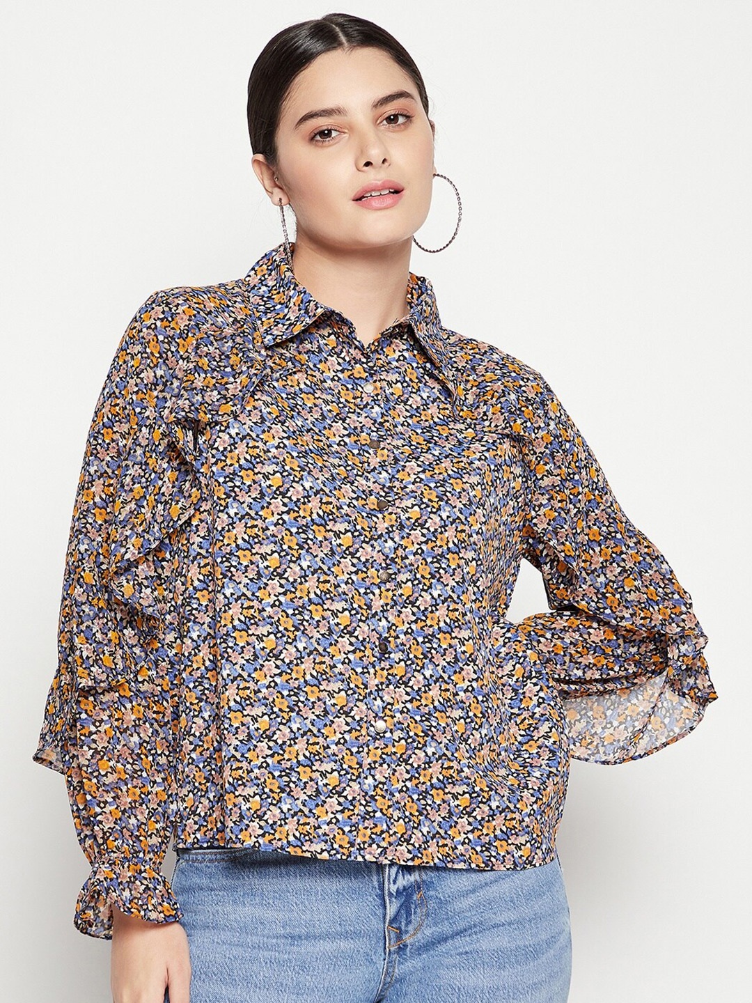 

Madame Blue Floral Print Ruffles Satin Shirt Style Top