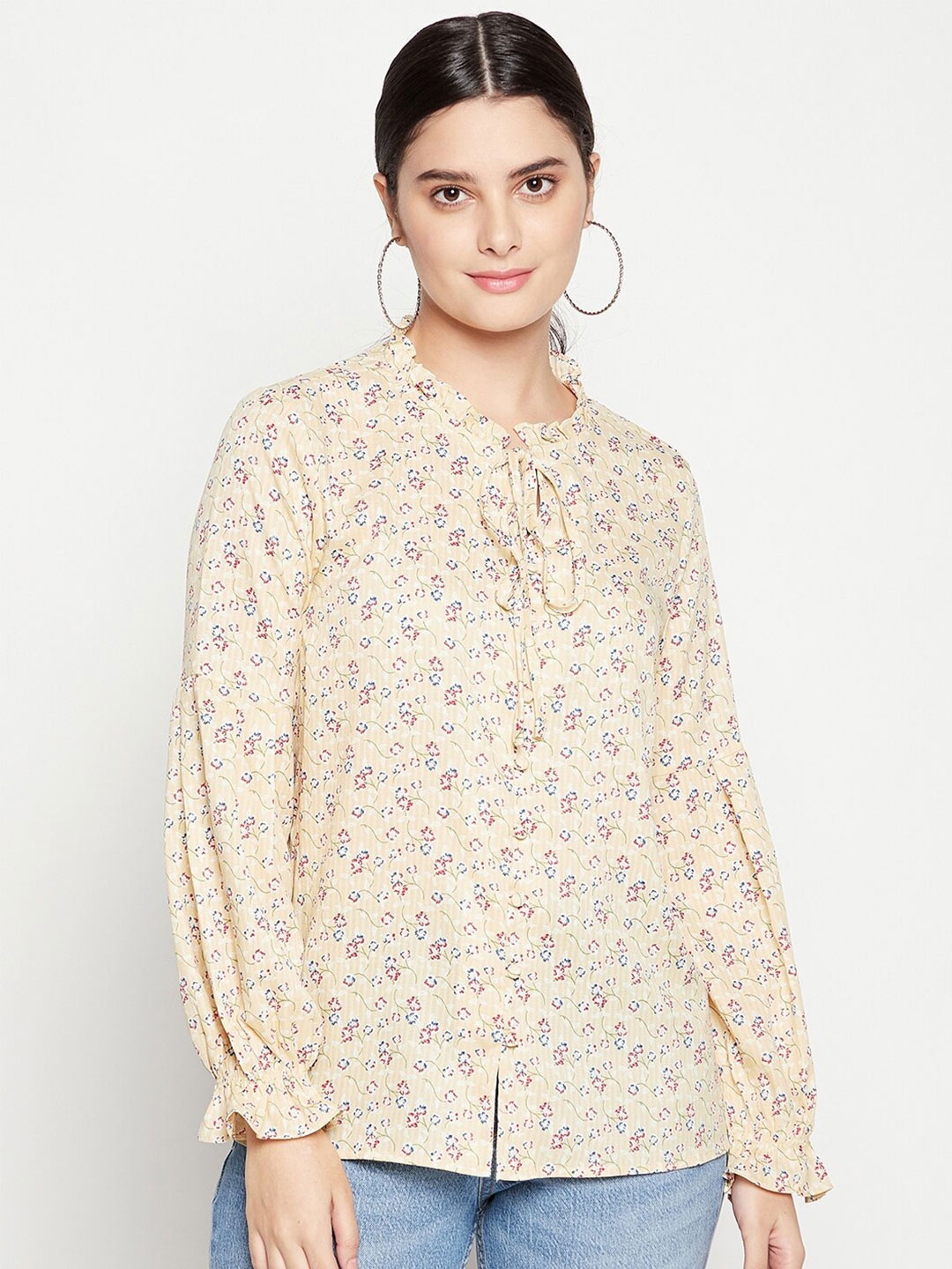 

Madame Yellow Floral Print Tie-Up Neck Top