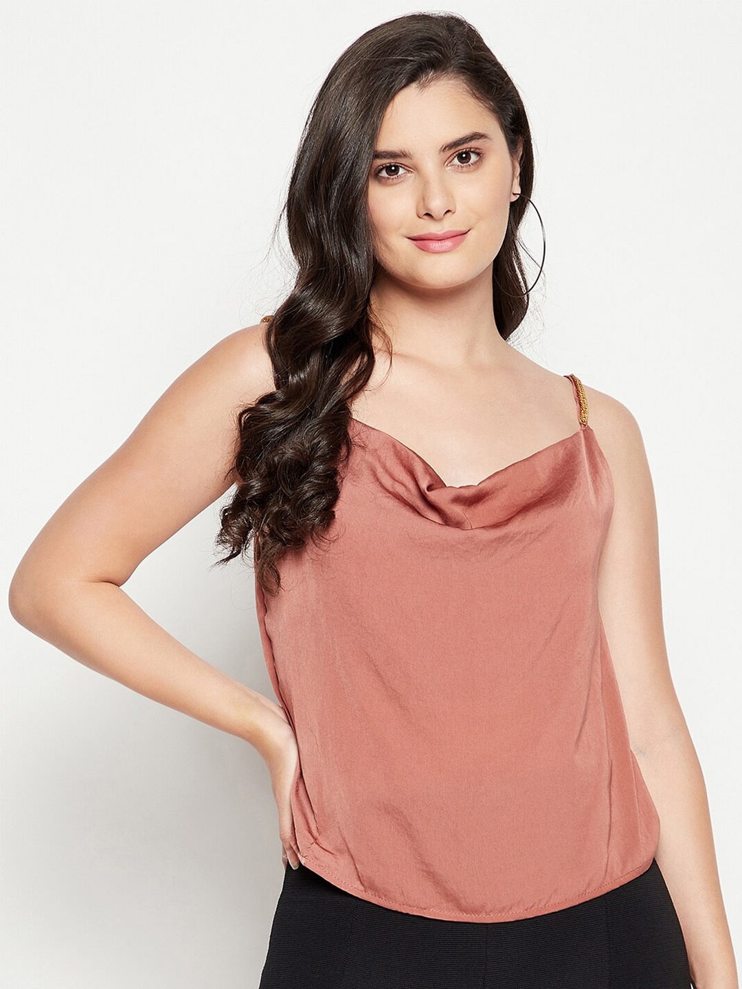 

Madame Women Rust Cowl Neck Satin Top